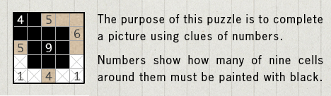The purpose of this puzzle is to complete a picture by clues of numbers. Numbers show how many of nine cells around them must be painted with black.